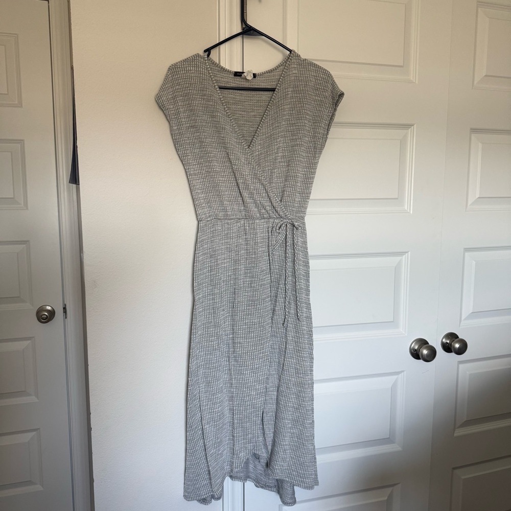 Caution To The Wind Gray Wrap Midi Dress with Tie Waist